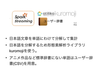 • 日本語文章を単語にわけて分解して集計
• 日本語を分解するため形態素解析ライブラリ
kuromojiを使う。
• アニメ作品など標準辞書にない単語はユーザー辞
書(CSV)を用意。
 