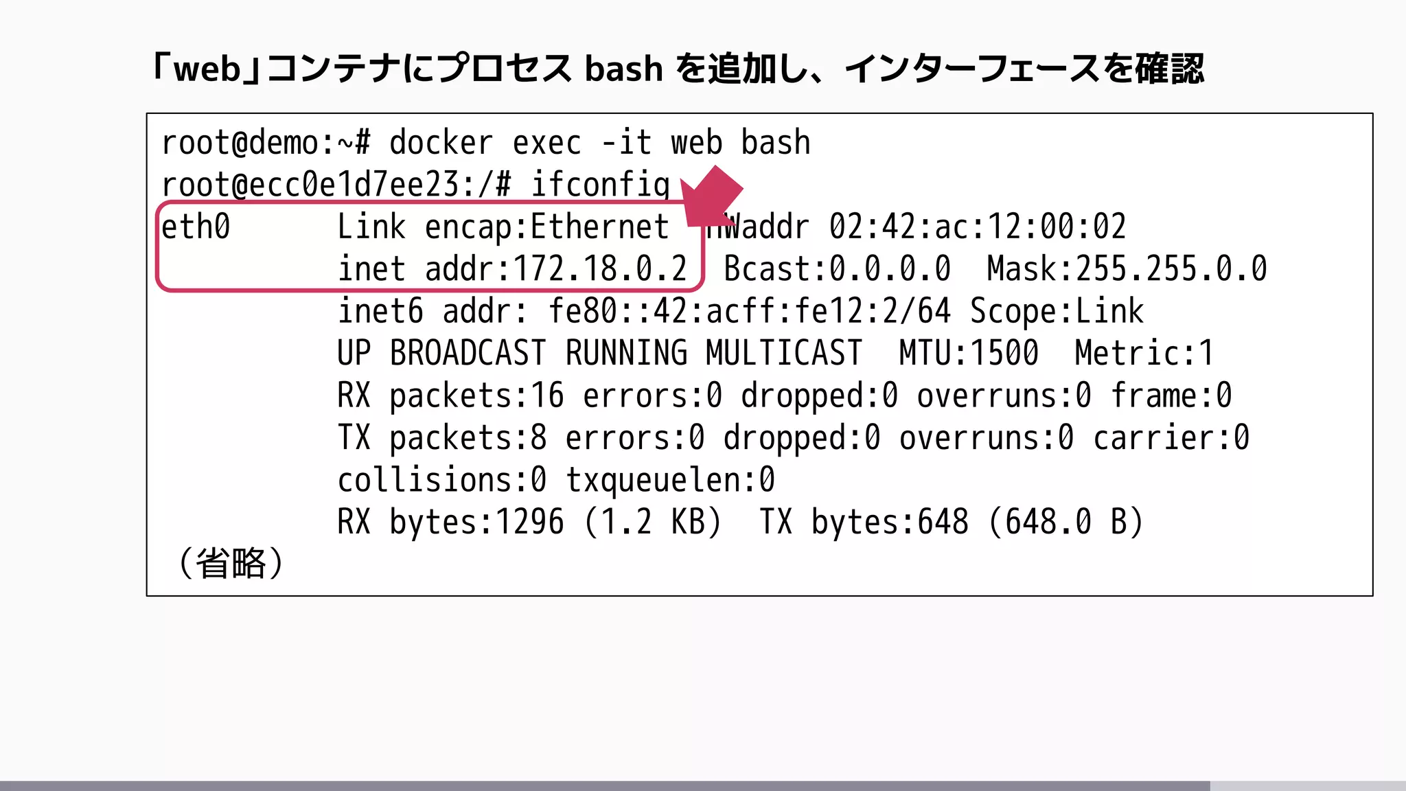 root@demo:~# docker exec -it web bash
root@ecc0e1d7ee23:/# ifconfig
eth0 Link encap:Ethernet HWaddr 02:42:ac:12:00:02
inet addr:172.18.0.2 Bcast:0.0.0.0 Mask:255.255.0.0
inet6 addr: fe80::42:acff:fe12:2/64 Scope:Link
UP BROADCAST RUNNING MULTICAST MTU:1500 Metric:1
RX packets:16 errors:0 dropped:0 overruns:0 frame:0
TX packets:8 errors:0 dropped:0 overruns:0 carrier:0
collisions:0 txqueuelen:0
RX bytes:1296 (1.2 KB) TX bytes:648 (648.0 B)
（省略）
「web」コンテナにプロセス bash を追加し、インターフェースを確認
 