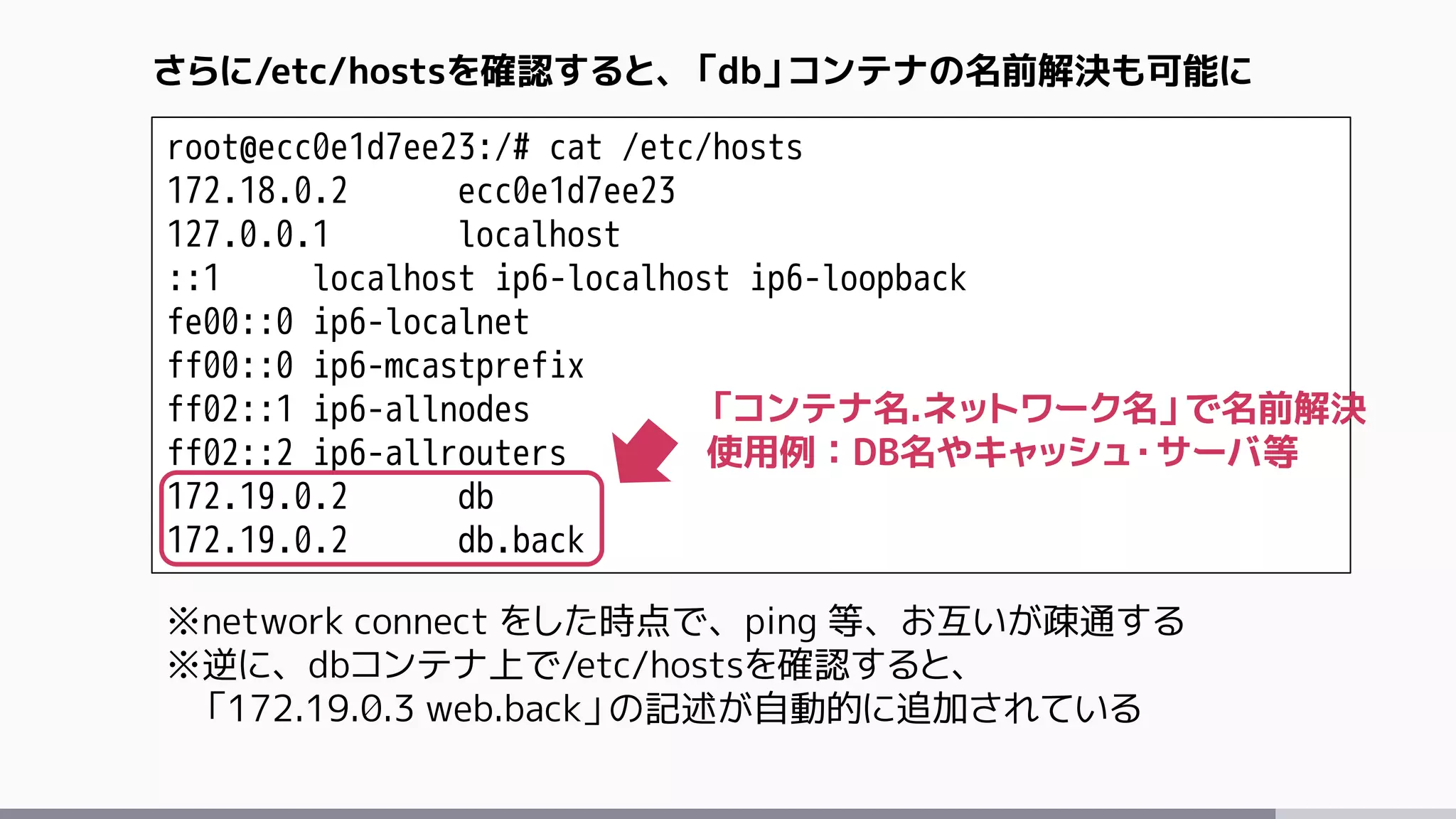 root@ecc0e1d7ee23:/# cat /etc/hosts
172.18.0.2 ecc0e1d7ee23
127.0.0.1 localhost
::1 localhost ip6-localhost ip6-loopback
fe00::0 ip6-localnet
ff00::0 ip6-mcastprefix
ff02::1 ip6-allnodes
ff02::2 ip6-allrouters
172.19.0.2 db
172.19.0.2 db.back
さらに/etc/hostsを確認すると、「db」コンテナの名前解決も可能に
「コンテナ名.ネットワーク名」で名前解決
使用例：DB名やキャッシュ・サーバ等
※network connect をした時点で、ping 等、お互いが疎通する
※逆に、dbコンテナ上で/etc/hostsを確認すると、
「172.19.0.3 web.back」の記述が自動的に追加されている
 