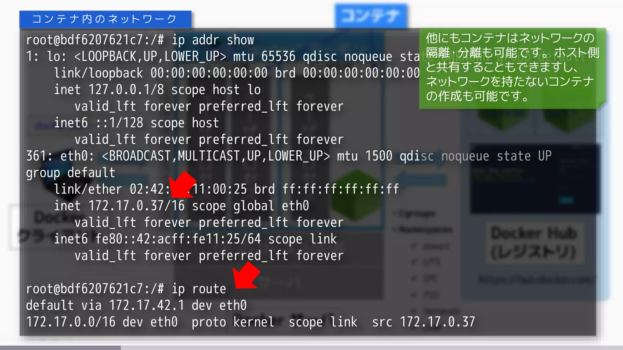 root@bdf6207621c7:/# ip addr show
1: lo: <LOOPBACK,UP,LOWER_UP> mtu 65536 qdisc noqueue state UNKNOWN group default
link/loopback 00:00:00:00:00:00 brd 00:00:00:00:00:00
inet 127.0.0.1/8 scope host lo
valid_lft forever preferred_lft forever
inet6 ::1/128 scope host
valid_lft forever preferred_lft forever
361: eth0: <BROADCAST,MULTICAST,UP,LOWER_UP> mtu 1500 qdisc noqueue state UP
group default
link/ether 02:42:ac:11:00:25 brd ff:ff:ff:ff:ff:ff
inet 172.17.0.37/16 scope global eth0
valid_lft forever preferred_lft forever
inet6 fe80::42:acff:fe11:25/64 scope link
valid_lft forever preferred_lft forever
root@bdf6207621c7:/# ip route
default via 172.17.42.1 dev eth0
172.17.0.0/16 dev eth0 proto kernel scope link src 172.17.0.37
コ ン テ ナ 内 の ネ ッ ト ワ ー ク
他にもコンテナはネットワークの
隔離・分離も可能です。ホスト側
と共有することもできますし、
ネットワークを持たないコンテナ
の作成も可能です。
 