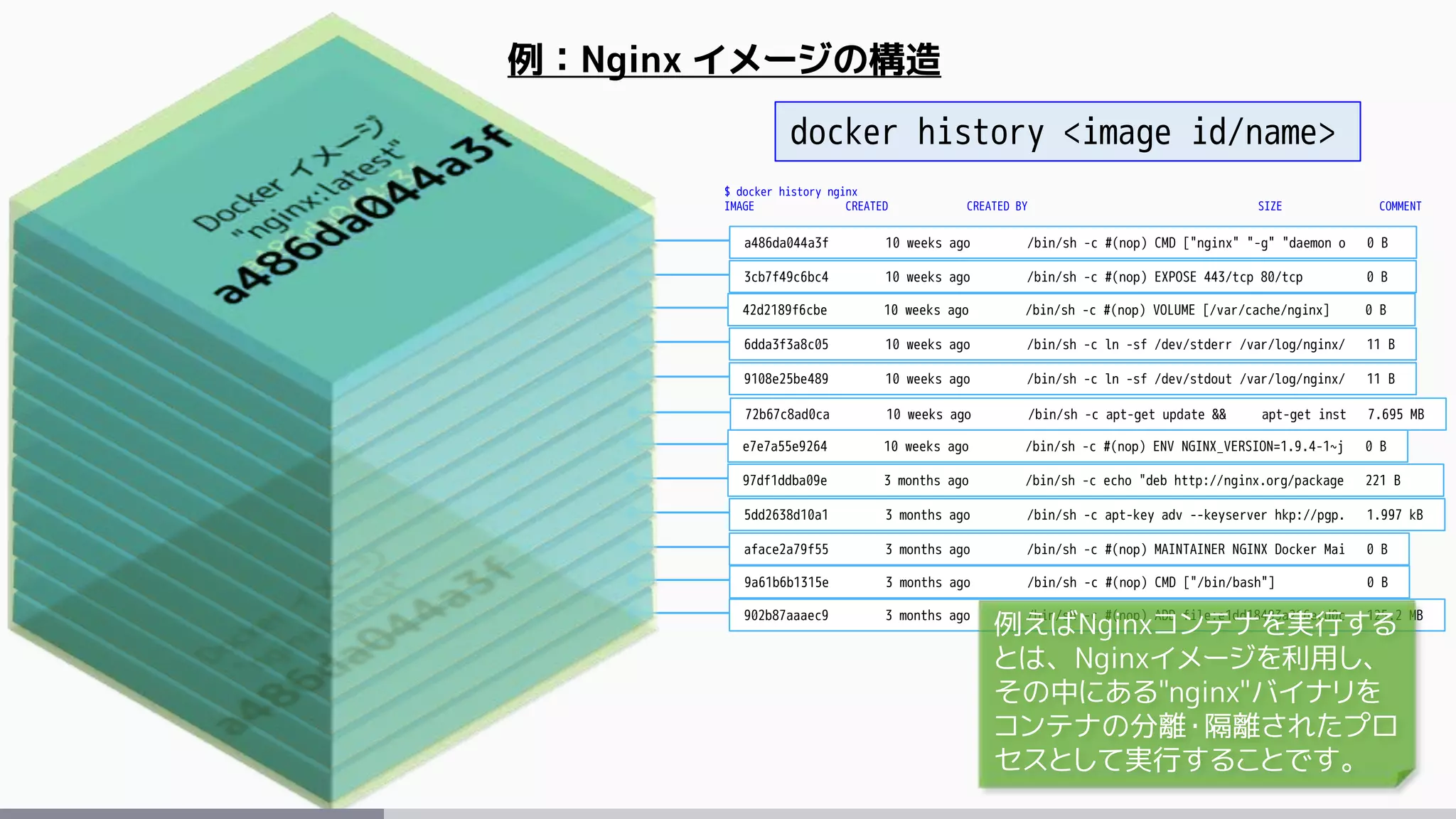 例：Nginx イメージの構造
902b87aaaec9 3 months ago /bin/sh -c #(nop) ADD file:e1dd18493a216ecd0c 125.2 MB
9a61b6b1315e 3 months ago /bin/sh -c #(nop) CMD ["/bin/bash"] 0 B
aface2a79f55 3 months ago /bin/sh -c #(nop) MAINTAINER NGINX Docker Mai 0 B
5dd2638d10a1 3 months ago /bin/sh -c apt-key adv --keyserver hkp://pgp. 1.997 kB
97df1ddba09e 3 months ago /bin/sh -c echo "deb http://nginx.org/package 221 B
e7e7a55e9264 10 weeks ago /bin/sh -c #(nop) ENV NGINX_VERSION=1.9.4-1~j 0 B
72b67c8ad0ca 10 weeks ago /bin/sh -c apt-get update && apt-get inst 7.695 MB
9108e25be489 10 weeks ago /bin/sh -c ln -sf /dev/stdout /var/log/nginx/ 11 B
6dda3f3a8c05 10 weeks ago /bin/sh -c ln -sf /dev/stderr /var/log/nginx/ 11 B
42d2189f6cbe 10 weeks ago /bin/sh -c #(nop) VOLUME [/var/cache/nginx] 0 B
3cb7f49c6bc4 10 weeks ago /bin/sh -c #(nop) EXPOSE 443/tcp 80/tcp 0 B
a486da044a3f 10 weeks ago /bin/sh -c #(nop) CMD ["nginx" "-g" "daemon o 0 B
$ docker history nginx
IMAGE CREATED CREATED BY SIZE COMMENT
docker history <image id/name>
例えばNginxコンテナを実行する
とは、Nginxイメージを利用し、
その中にある"nginx"バイナリを
コンテナの分離・隔離されたプロ
セスとして実行することです。
 