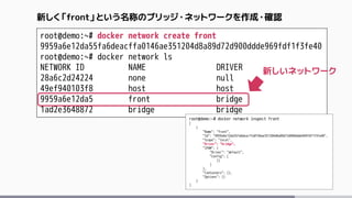 root@demo:~# docker network create front
9959a6e12da55fa6deacffa0146ae351204d8a89d72d900ddde969fdf1f3fe40
root@demo:~# docker network ls
NETWORK ID NAME DRIVER
28a6c2d24224 none null
49ef940103f8 host host
9959a6e12da5 front bridge
1ad2e3648872 bridge bridge
新しく「front」という名称のブリッジ・ネットワークを作成・確認
root@demo:~# docker network inspect front
[
{
"Name": "front",
"Id": "9959a6e12da55fa6deacffa0146ae351204d8a89d72d900ddde969fdf1f3fe40",
"Scope": "local",
"Driver": "bridge",
"IPAM": {
"Driver": "default",
"Config": [
{}
]
},
"Containers": {},
"Options": {}
}
]
新しいネットワーク
 