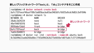 root@demo:~# docker network create back
6afc733feeaf46aaff80c5a605bacba63ae3463d1cfb925a9cdc9d82c3e9184b
root@demo:~# docker network ls
NETWORK ID NAME DRIVER
28a6c2d24224 none null
49ef940103f8 host host
9959a6e12da5 front bridge
6afc733feeaf back bridge
1ad2e3648872 bridge bridge
root@demo:~# docker run -itd --net=back --name=db ubuntu bash
0c3da94b22aa6d260a68ec7763e0962b2b273e6656e1d875a0c7c371244ebb41
新しいブリッジネットワーク「back」と、「db」コンテナをそこに作成
新しいネットワーク
 