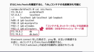 root@ecc0e1d7ee23:/# cat /etc/hosts
172.18.0.2 ecc0e1d7ee23
127.0.0.1 localhost
::1 localhost ip6-localhost ip6-loopback
fe00::0 ip6-localnet
ff00::0 ip6-mcastprefix
ff02::1 ip6-allnodes
ff02::2 ip6-allrouters
172.19.0.2 db
172.19.0.2 db.back
さらに/etc/hostsを確認すると、「db」コンテナの名前解決も可能に
「コンテナ名.ネットワーク名」で名前解決
使用例：DB名やキャッシュ・サーバ等
※network connect をした時点で、ping 等、お互いが疎通する
※逆に、dbコンテナ上で/etc/hostsを確認すると、
「172.19.0.3 web.back」の記述が自動的に追加されている
 