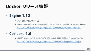 120
‣ Engine 1.10
• 2016年2月にリリース
• 参考訳：Docker 1.10 新しい Compose ファイル、セキュリティ改善、ネットワーク機能等
http://pocketstudio.jp/log3/2016/02/06/docker-1-10-ja/
‣ Compose 1.6
• 参考訳：Compose 1.6: ネットワークとボリュームを定義する新しい Compose ファイル
http://pocketstudio.jp/log3/2016/02/06/compose-1-6-ja/
Docker リリース情報
 