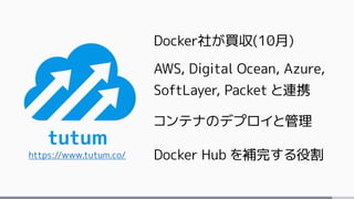 tutum
https://www.tutum.co/
Docker社が買収(10月)
AWS, Digital Ocean, Azure,
SoftLayer, Packet と連携
コンテナのデプロイと管理
Docker Hub を補完する役割
 