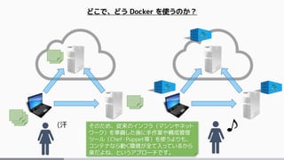 (汗
どこで、どう Docker を使うのか？
そのため、従来のインフラ（マシンやネット
ワーク）を準備した後に手作業や構成管理
ツール（Chef・Puppet等）を使うよりも、
コンテナなら動く環境が全て入っているから
楽だよね、というアプローチです。
 