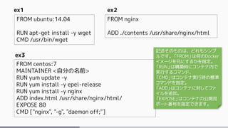 FROM ubuntu:14.04
RUN apt-get install -y wget
CMD /usr/bin/wget
FROM nginx
ADD ./contents /usr/share/nginx/html
FROM centos:7
MAINTAINER <自分の名前>
RUN yum update -y
RUN yum install -y epel-release
RUN yum install -y nginx
ADD index.html /usr/share/nginx/html/
EXPOSE 80
CMD ["nginx", "-g", "daemon off;"]
ex1 ex2
ex3
記述そのものは、どれもシンプ
ルです。「FROM」は何のDocker
イメージを元にするかを指定。
「RUN」は構築時にコンテナ内で
実行するコマンド、
「CMD」はコンテナ実行時の標準
コマンドを指定。
「ADD」はコンテナに対してファ
イルを追加。
「EXPOSE」はコンテナの公開用
ポート番号を指定できます。
 