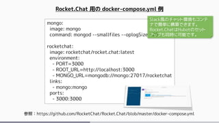mongo:
image: mongo
command: mongod --smallfiles --oplogSize 128
rocketchat:
image: rocketchat/rocket.chat:latest
environment:
- PORT=3000
- ROOT_URL=http://localhost:3000
- MONGO_URL=mongodb://mongo:27017/rocketchat
links:
- mongo:mongo
ports:
- 3000:3000
Rocket.Chat 用の docker-compose.yml 例
参照：https://github.com/RocketChat/Rocket.Chat/blob/master/docker-compose.yml
Slack風のチャット環境もコンテ
ナで簡単に構築できます。
Rocket.ChatはHubotのセット
アップも同時に可能です。
 