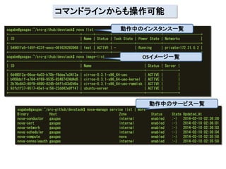 コマンドラインからも操作可能
動作中のインスタンス一覧
sogabe@gasgas:~/src-github/devstack$ nova list
+--------------------------------------+------+--------+------------+-------------+--------------------+
| ID
| Name | Status | Task State | Power State | Networks
|
+--------------------------------------+------+--------+------------+-------------+--------------------+
| 54961fa5-145f-423f-aecc-081626293968 | test | ACTIVE | | Running
| private=172.31.0.2 |
+--------------------------------------+------+--------+------------+-------------+--------------------+
sogabe@gasgas:~/src-github/devstack$ nova image-list
OSイメージ一覧
+--------------------------------------+---------------------------------+--------+--------+
| ID
| Name
| Status | Server |
+--------------------------------------+---------------------------------+--------+--------+
| 6d48012a-66ca-4a03-b70b-f8dea7e3412a | cirros-0.3.1-x86_64-uec
| ACTIVE |
|
| b008dc1f-e764-4f69-9535-92487424d4d5 | cirros-0.3.1-x86_64-uec-kernel | ACTIVE |
|
| 2b76c843-80f9-4690-8245-04f1c03d2d9a | cirros-0.3.1-x86_64-uec-ramdisk | ACTIVE |
|
| 93fc1f37-9517-45e1-a156-22dd42e9ff47 | ubuntu-server
| ACTIVE |
|
+--------------------------------------+---------------------------------+--------+--------+
動作中のサービス一覧
sogabe@gasgas:~/src-github/devstack$ nova-manage service list | more
Binary
Host
Zone
nova-conductor
gasgas
internal
nova-cert
gasgas
internal
nova-network
gasgas
internal
nova-scheduler
gasgas
internal
nova-compute
gasgas
nova
nova-consoleauth gasgas
internal

Status
enabled
enabled
enabled
enabled
enabled
enabled

State
:-)
:-)
:-)
:-)
:-)
:-)

Updated_At
2014-02-10
2014-02-10
2014-02-10
2014-02-10
2014-02-10
2014-02-10

02:36:00
02:36:01
02:36:03
02:36:04
02:35:58
02:35:59

 