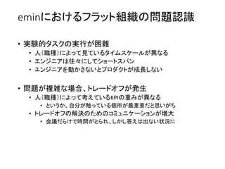 eminにおけるフラット組織の問題認識
• 実験的タスクの実行が困難
• 人（職種）によって見ているタイムスケールが異なる
• エンジニアは往々にしてショートスパン
• エンジニアを動かさないとプロダクトが成長しない
• 問題が複雑な場合、トレードオフが発生
• 人（職種）によって考えているKPIの重みが異なる
• というか、自分が触っている個所が最重要だと思いがち
• トレードオフの解決のためのコミュニケーションが増大
• 会議だらけで時間がとられ、しかし答えは出ない状況に
 