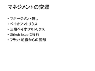 マネジメントの変遷
• マネージメント無し
• ペイオフマトリクス
• 三段ペイオフマトリクス
• Github issueに移行
• フラット組織からの脱却
 