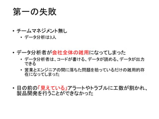 第一の失敗
• チームマネジメント無し
• データ分析は3人
• データ分析者が会社全体の雑用になってしまった
• データ分析者は、コードが書ける、データが読める、データが出力
できる
• 営業とエンジニアの間に落ちた問題を拾っているだけの雑用的存
在になってしまった
• 目の前の「見えている」アラートやトラブルに工数が割かれ、
製品開発を行うことができなかった
 