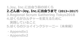 1.Joy, Inc.に出会う前のぼくら
2.どん底〜Joy, Inc.に出会うまで（2013~2017）
3.Regional Scrum Gathering Tokyo2018
4.ぼくらがカルチャーを変えるために
実践していること
5.ぼくらのジョイインクジャーニー（未来編）
・Appendix1
・Appendix2
 