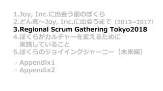 1.Joy, Inc.に出会う前のぼくら
2.どん底〜Joy, Inc.に出会うまで（2013~2017）
3.Regional Scrum Gathering Tokyo2018
4.ぼくらがカルチャーを変えるために
実践していること
5.ぼくらのジョイインクジャーニー（未来編）
・Appendix1
・Appendix2
 