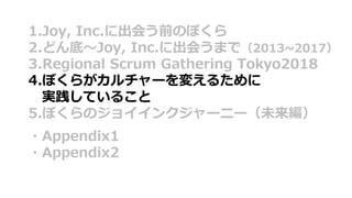 1.Joy, Inc.に出会う前のぼくら
2.どん底〜Joy, Inc.に出会うまで（2013~2017）
3.Regional Scrum Gathering Tokyo2018
4.ぼくらがカルチャーを変えるために
実践していること
5.ぼくらのジョイインクジャーニー（未来編）
・Appendix1
・Appendix2
 