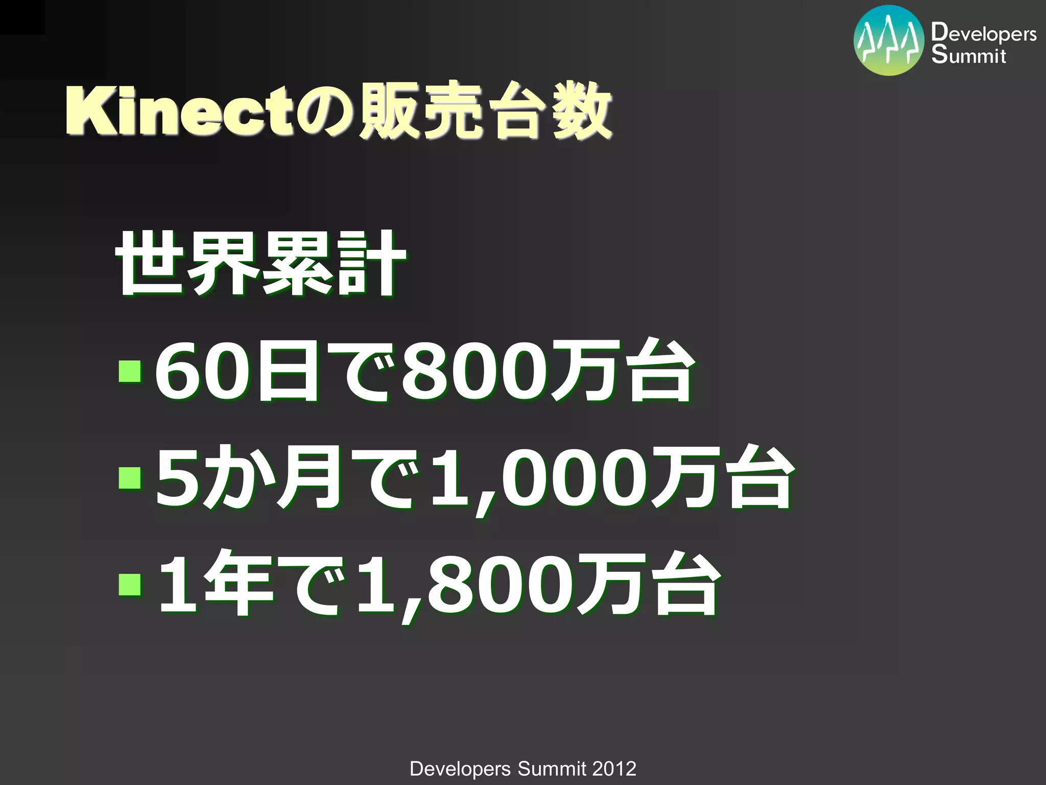 Kinectの販売台数

世界累計
60日で800万台
5か月で1,000万台
1年で1,800万台

      Developers Summit 2012
 