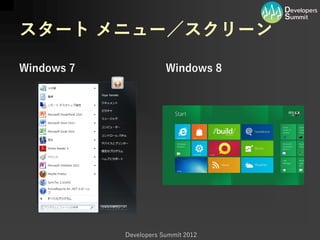 スタート メニュー／スクリーン

Windows 7               Windows 8




            Developers Summit 2012
 