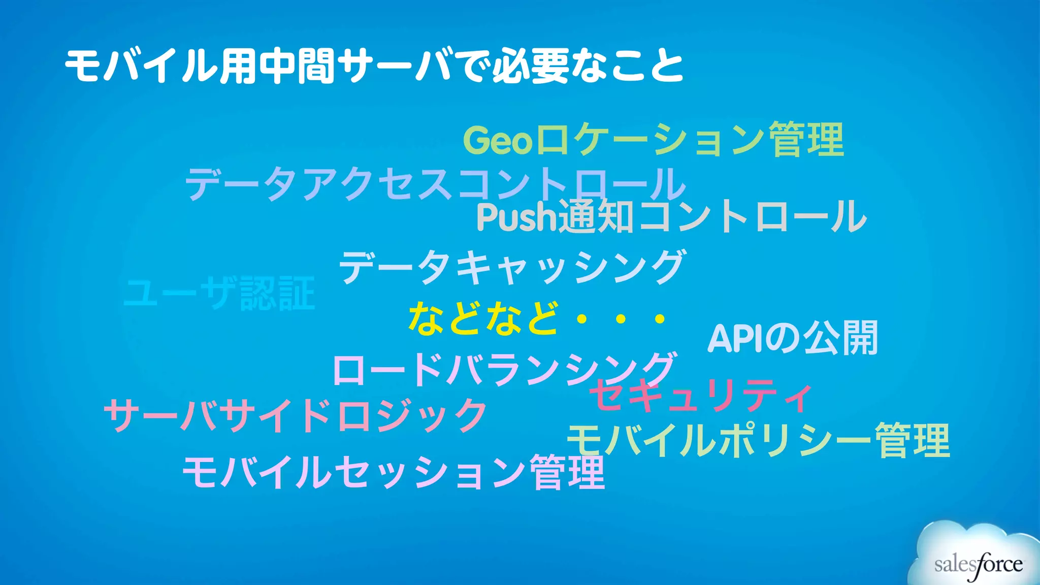 モバイル用中間サーバで必要なこと
         Geoロケーション管理
  データアクセスコントロール
          Push通知コントロール
      データキャッシング
ユーザ認証
        などなど・・・ APIの公開
      ロードバランシング
               セキュリティ
サーバサイドロジック
              モバイルポリシー管理
  モバイルセッション管理
 