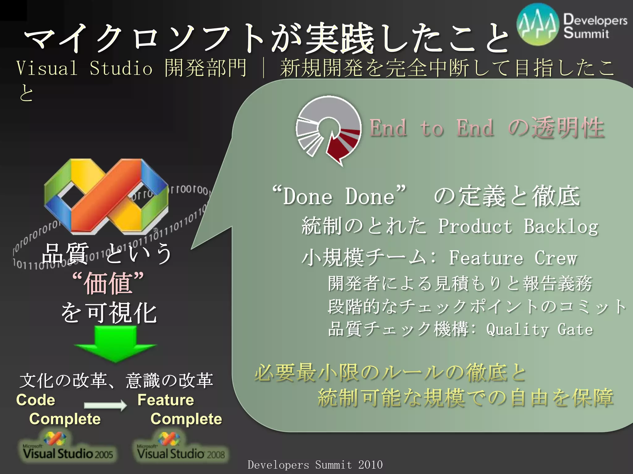 マイクロソフトが実践したことVisualStudio 開発部門 | 新規開発を完全中断して目指したことEndto End の透明性“Done Done” の定義と徹底統制のとれた ProductBacklog品質 という “価値”を可視化小規模チーム:FeatureCrew開発者による見積もりと報告義務段階的なチェックポイントのコミット品質チェック機構:QualityGate必要最小限のルールの徹底と　　　統制可能な規模での自由を保障文化の改革、意識の改革CodeCompleteFeatureComplete