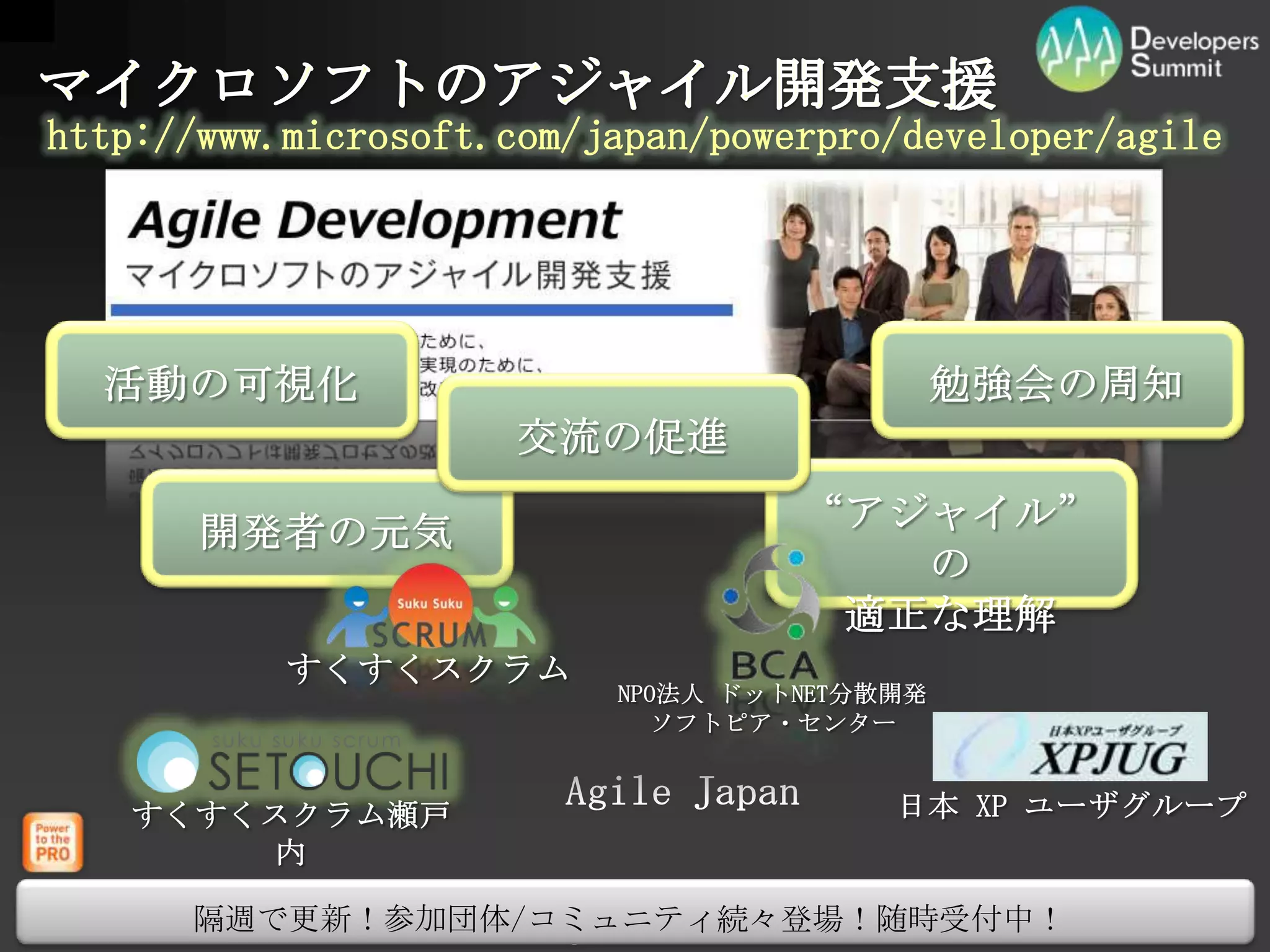 マイクロソフトのアジャイル開発支援http://www.microsoft.com/japan/powerpro/developer/agile“アジャイル” の適正な理解隔週で更新！参加団体/コミュニティ続々登場！随時受付中！勉強会の周知開発者の元気交流の促進活動の可視化すくすくスクラムNPO法人 ドットNET分散開発ソフトピア・センターAgile Japan日本 XP ユーザグループすくすくスクラム瀬戸内