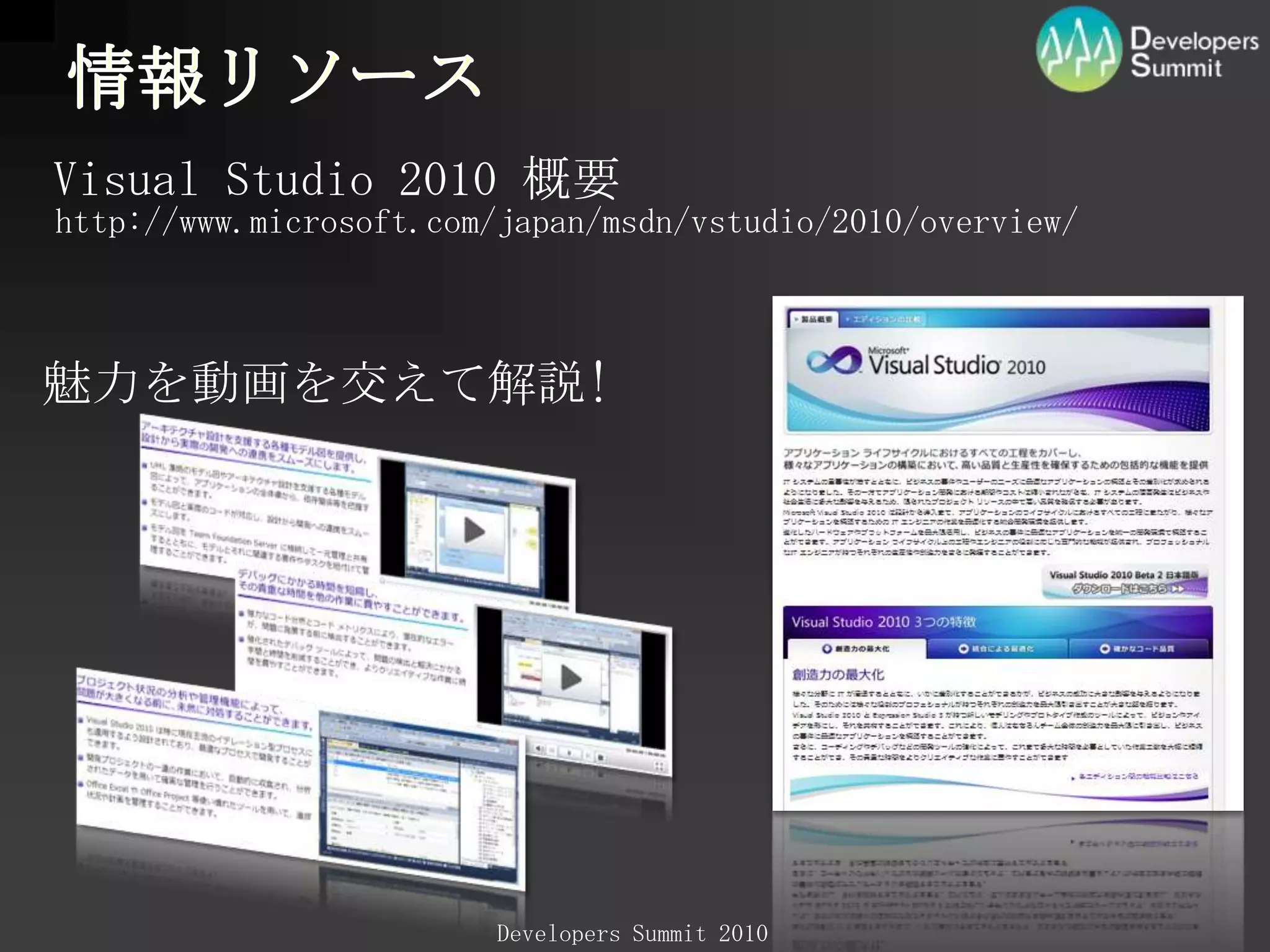 単体テストとテスト駆動開発“Done” を実践、効率化する多くの機能を提供テスト記述リファクタリングテスト実施テスト実施コード記述※TDD をサポートする各種機能は、Visual Studio 2008 から搭載