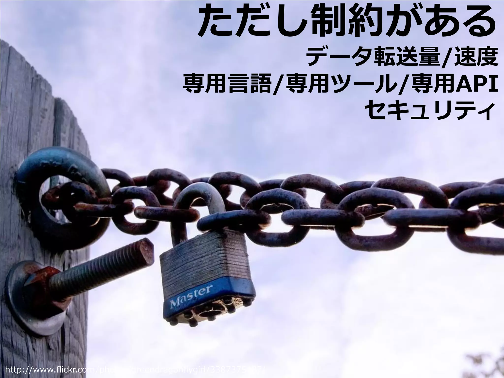 ただし制約がある
                                              データ転送量/速度
                                        専用言語/専用ツール/専用API
                                                 セキュリティ




                                                         Developers Summit 2010
http://www.flickr.com/photos/greendragonflygirl/3387375487/                       17
 