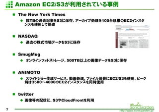 Amazon EC2/S3äƤ
    The New York Times
      TB^ȥӛ¤S3˱桢`քI100̨ҎģEC2󥹥
      󥹤ʹäƄI


    NASDAQ
       ^ȥʽЈǩ`S3˱


    SmugMug
       饤եȥȥ`500TBϤλǩ`S3˱


    ANIMOTO
      饤ɥ`ɥ`ӥӻIե뱣ܤEC2/S3ʹáԩ`
      r35004000EC2󥹥󥹤ͬrʹ


    twitter
      ȤŤˡS3CloudFront

7                                    http://www.sonicgarden.jp/
 