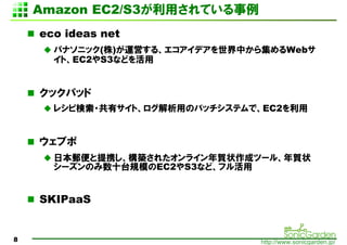Amazon EC2/S3äƤ
    eco ideas net
      ѥʥ˥å()\Ӥ롢ǥФ鼯Web
      ȡEC2S3ʤɤ


    åѥå
      쥷ԗ?ХȡäΥХåƥǡEC2


    ֥
      ձ]ЯB줿饤R״ɥĩ`롢R״
      `Τʮ̨ҎģEC2S3ʤɡե


    SKIPaaS


8                               http://www.sonicgarden.jp/
 