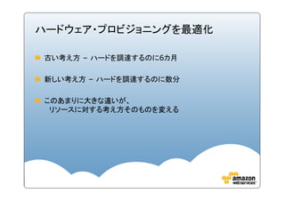 ハードウェア・プロビジョニングを最適化

古い考え方 – ハードを調達するのに6カ月

新しい考え方 – ハードを調達するのに数分

このあまりに大きな違いが、
 リソースに対する考え方そのものを変える
 
