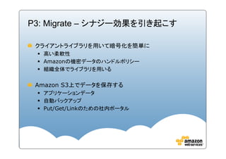 P3: Migrate – シナジー効果を引き起こす

 クライアントライブラリを用いて暗号化を簡単に
  高い柔軟性
  Amazonの機密データのハンドルポリシー
  組織全体でライブラリを用いる

 Amazon S3上でデータを保存する
  アプリケーションデータ
  自動バックアップ
  Put/Get/Linkのための社内ポータル
 