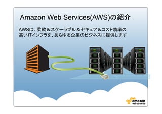 Amazon Web Services(AWS)の紹介
AWSは、柔軟＆スケーラブル＆セキュア＆コスト効率の
高いITインフラを、あらゆる企業のビジネスに提供します
 