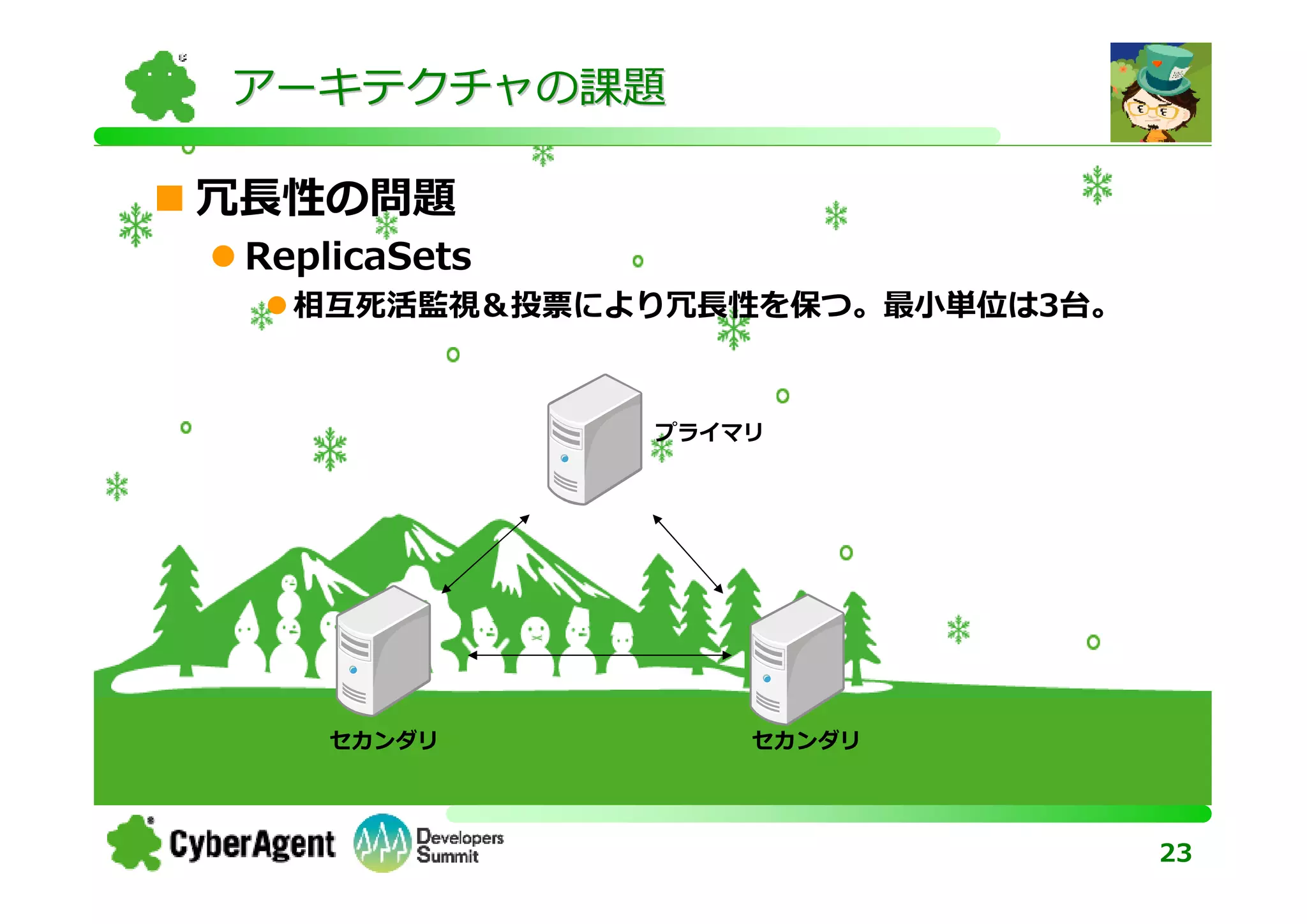アーキテクチャの課題

冗⻑性の問題
 ReplicaSets
   相互死活監視＆投票により冗⻑性を保つ。最⼩単位は3台。


               プライマリ




     セカンダリ         セカンダリ




                                 23
 