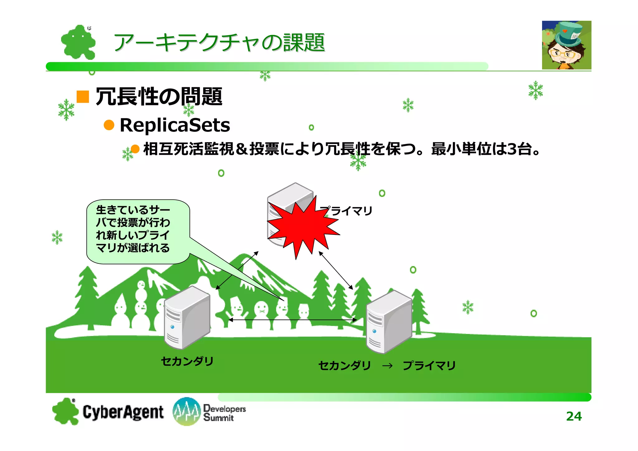 アーキテクチャの課題

冗⻑性の問題
  ReplicaSets
    相互死活監視＆投票により冗⻑性を保つ。最⼩単位は3台。


生きているサー         プライマリ
バで投票が⾏わ
れ新しいプライ
マリが選ばれる




      セカンダリ     セカンダリ   → プライマリ



                                  24
 