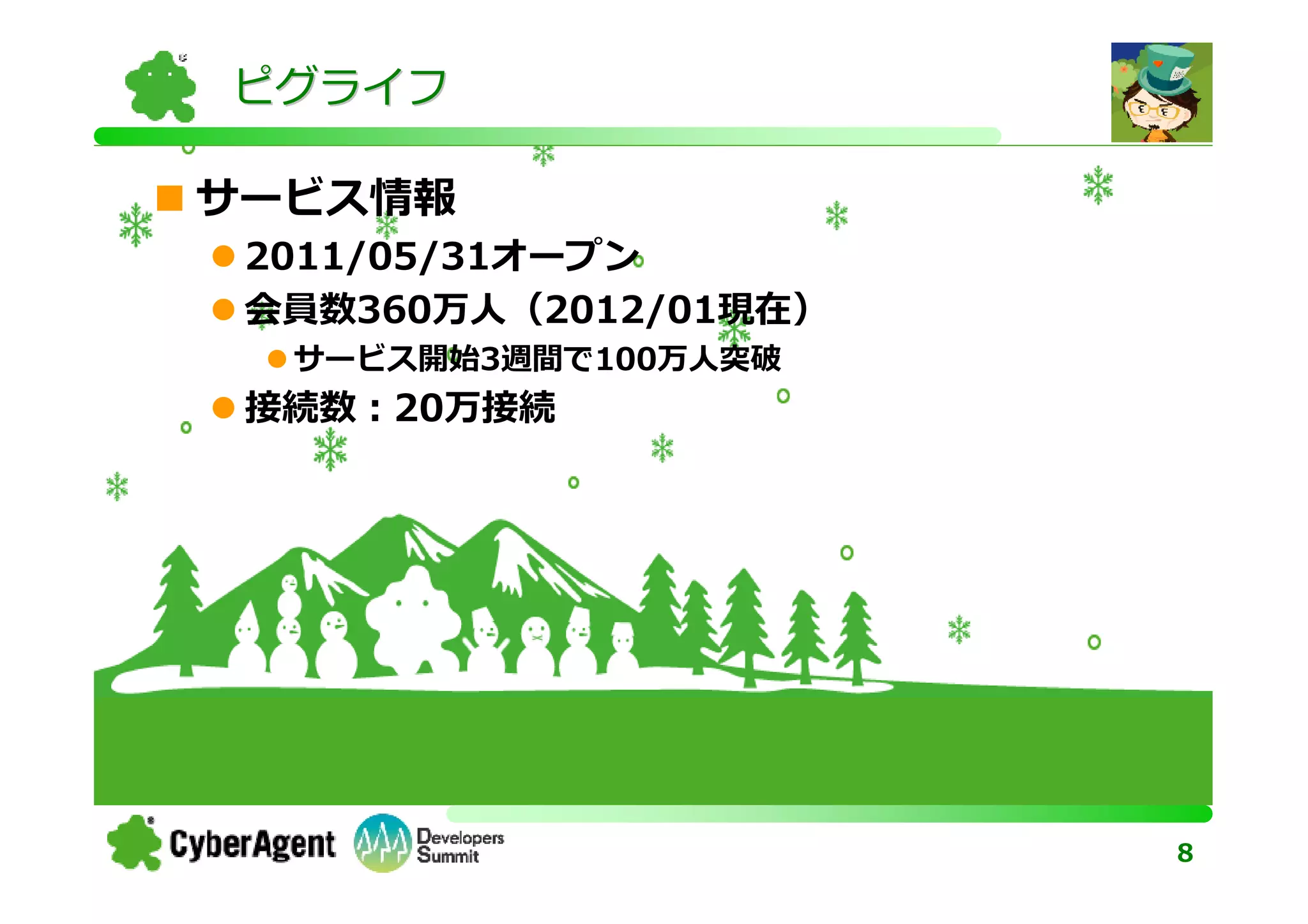 ピグライフ

サービス情報
 2011/05/31オープン
 会員数360万人（2012/01現在）
  サービス開始3週間で100万人突破
 接続数：20万接続




                       8
 