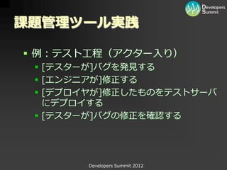 課題管理ツール実践

 例：テスト工程（アクター入り）
  [テスターが]バグを発見する
  [エンジニアが]修正する
  [デプロイヤが]修正したものをテストサーバ
   にデプロイする
  [テスターが]バグの修正を確認する




       Developers Summit 2012
 