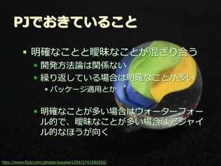 PJでおきていること

          明確なことと曖昧なことが混ざり合う
               開発方法論は関係ない
               繰り返している場合は明確なことが多い
                    パッケージ適用とか


               明確なことが多い場合はウォーターフォー
                ル的で、曖昧なことが多い場合はアジャイ
                ル的なほうが向く


http://www.flickr.com/photos/kayaker1204/5741580592/ Summit 2012
                                           Developers
 