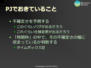 PJでおきていること

 不確定さを予測する
  このぐらいバグが出るだろう
  これぐらい仕様変更が出るだろう
 「時間枠」の中で、その不確定さの幅に
  収まっているか判断する
  タイムボックス型




        Developers Summit 2012
 