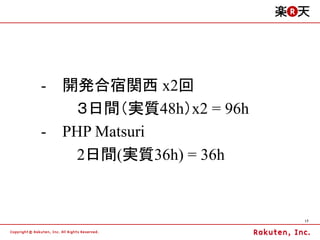 -   開発合宿関西 x2回
      ３日間（実質48h）x2 = 96h
-   PHP Matsuri
      2日間(実質36h) = 36h


                           17
 