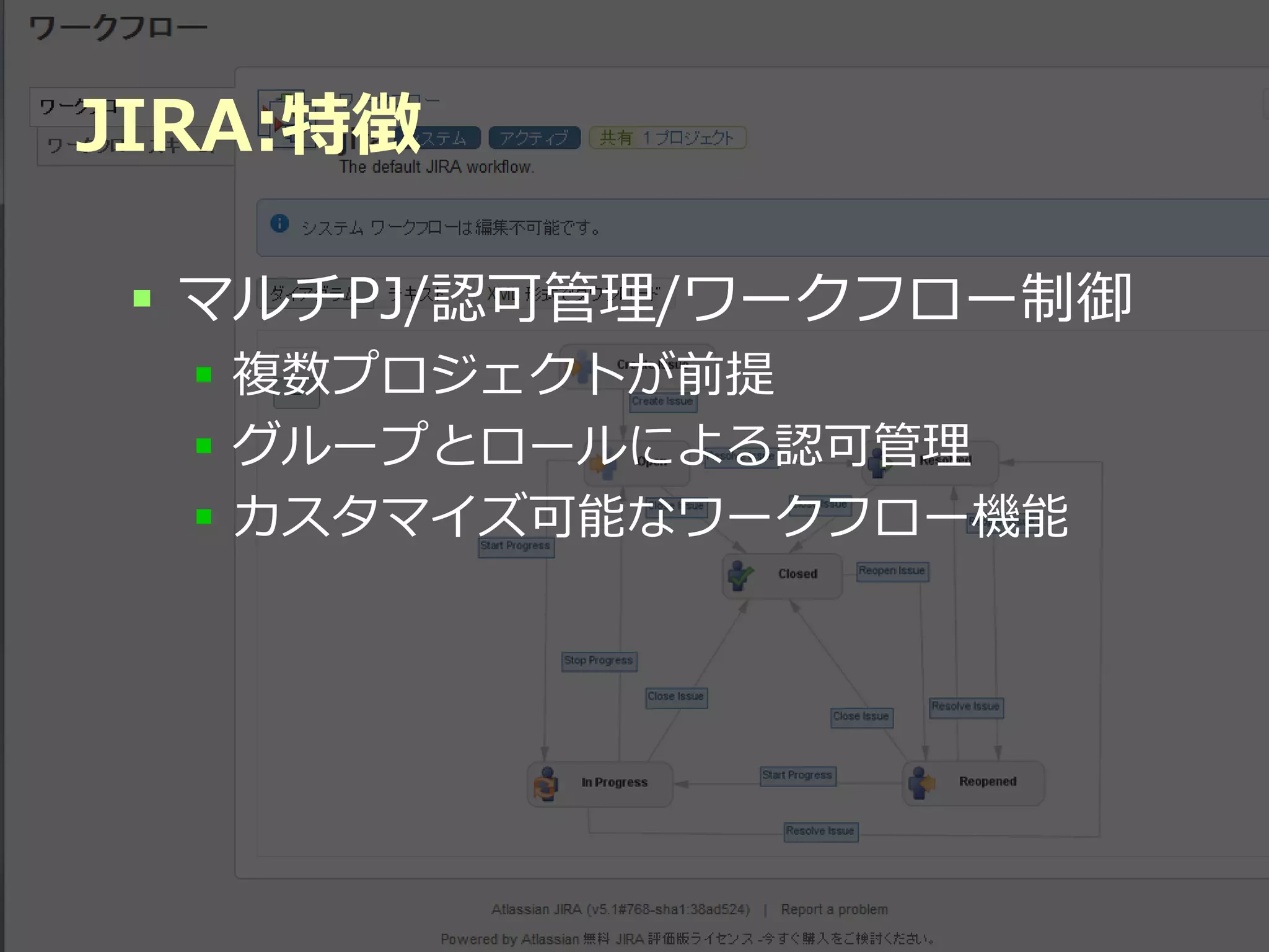JIRA:特徴

  マルチPJ/認可管理/ワークフロー制御
   複数プロジェクトが前提
   グループとロールによる認可管理
   カスタマイズ可能なワークフロー機能




          Developers Summit 2012
 