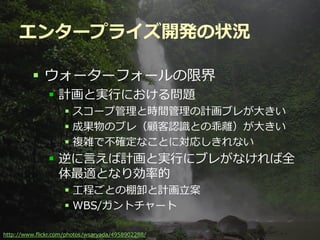 エンタープライズ開発の状況

          ウォーターフォールの限界
               計画と実行における問題
                    スコープ管理と時間管理の計画ブレが大きい
                    成果物のブレ（顧客認識との乖離）が大きい
                    複雑で不確定なことに対応しきれない
               逆に言えば計画と実行にブレがなければ全
                体最適となり効率的
                    工程ごとの棚卸と計画立案
                    WBS/ガントチャート

                                          Developers Summit 2012
http://www.flickr.com/photos/wsaryada/4958902288/
 