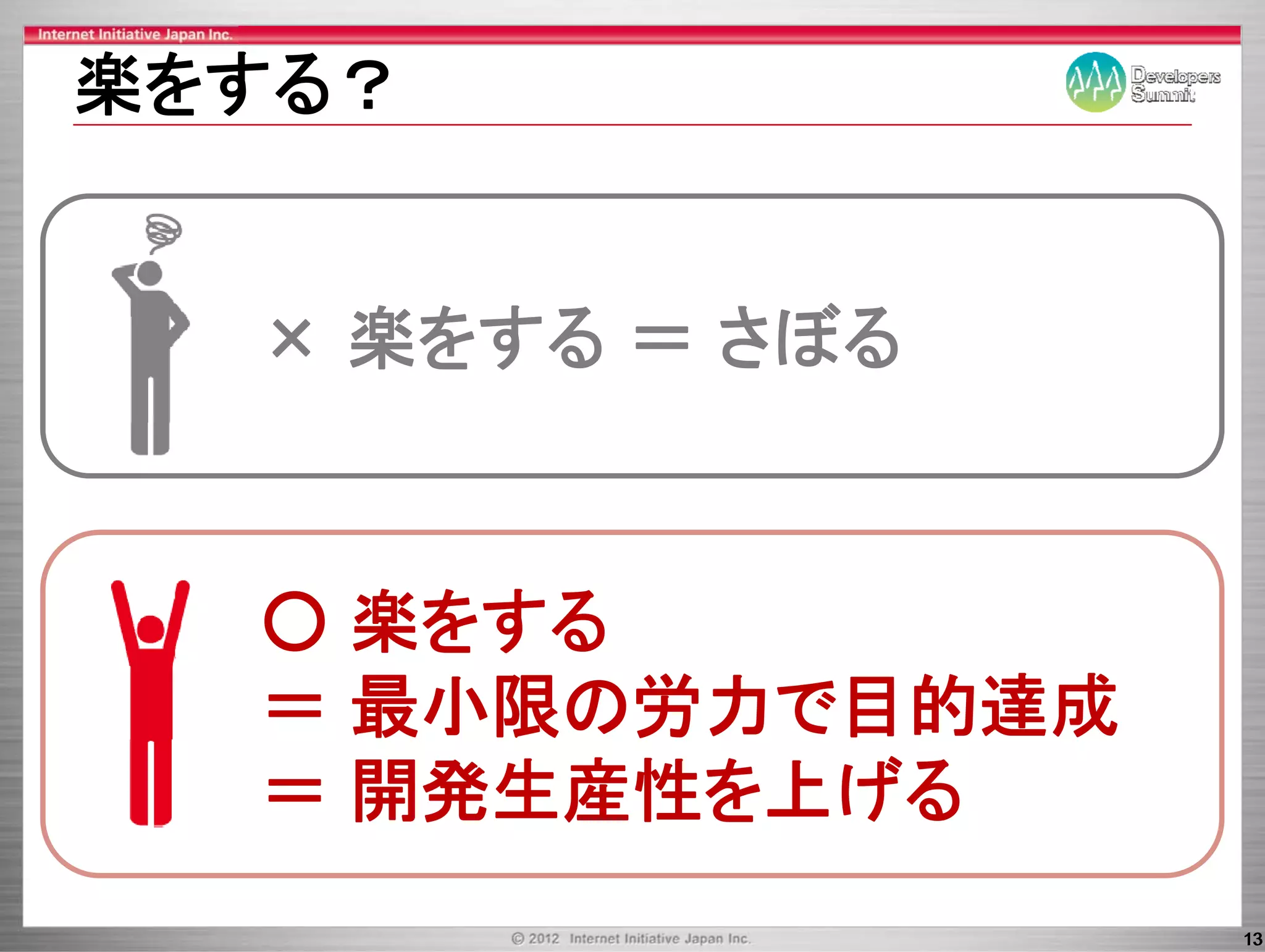 楽をする？


  × 楽をする ＝ さぼる



  ○ 楽をする
  ＝ 最小限の労力で目的達成
  ＝ 開発生産性を上げる
                  13
 