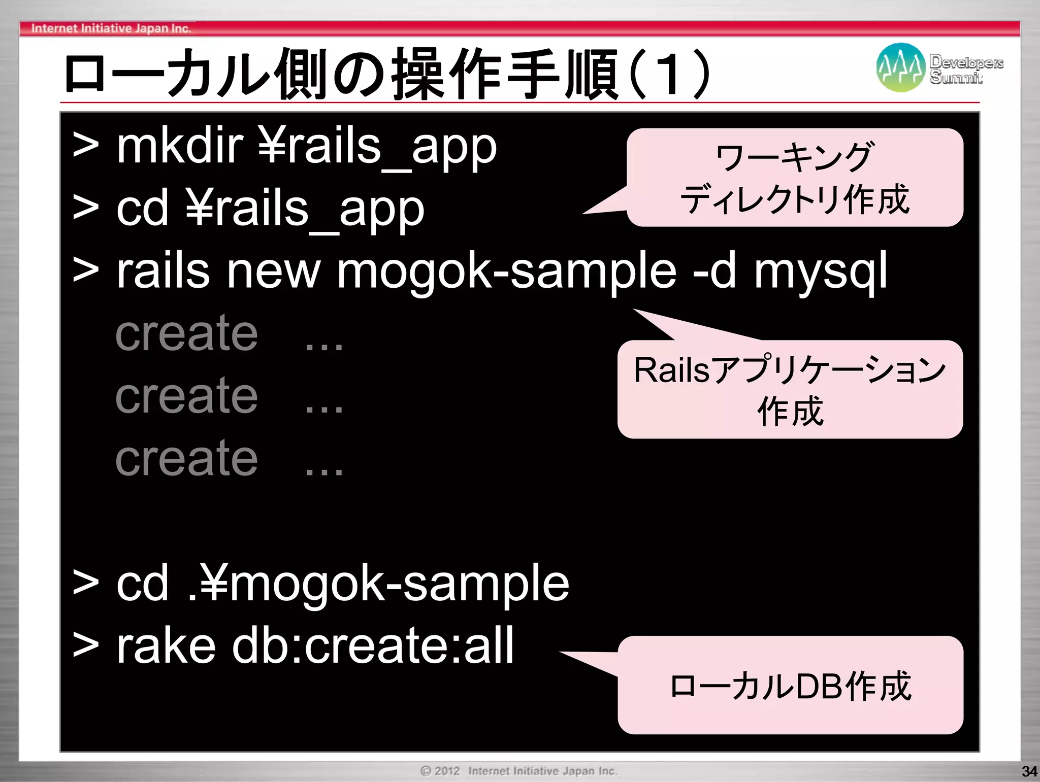 ロ カル側の操作手順（１）
ローカル側の操作手順（１）
> mkdir ¥rails_app         ワーキング
> cd ¥rails_app         ディレクトリ作成

> rails ne mogok sample -d m sql
        new mogok-sample d mysql
  create ...
                      Railsアプリケーション
  create ...                作成
  create ...

> cd .¥mogok-sample
          g        p
> rake db:create:all
                       ロ カルDB作成
                       ローカルDB作成

                                      34
 