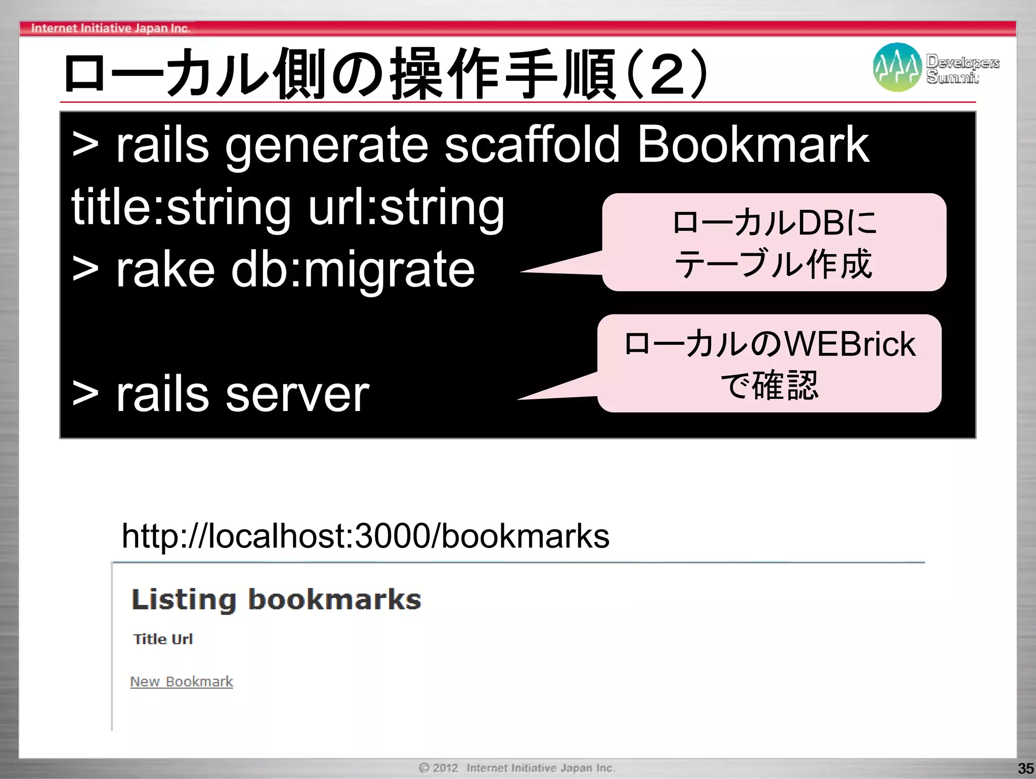 ロ カル側の操作手順（２）
ローカル側の操作手順（２）
> rails generate scaffold Bookmark
title:string url:string    ローカルDBに
> rake db:migrate
          db migrate       テーブル作成
                           テ ブル作成

                                    ロ カルのWEBrick
                                    ローカルのWEBrick
> rails server                         で確認



  http://localhost:3000/bookmarks




                                                   35
 