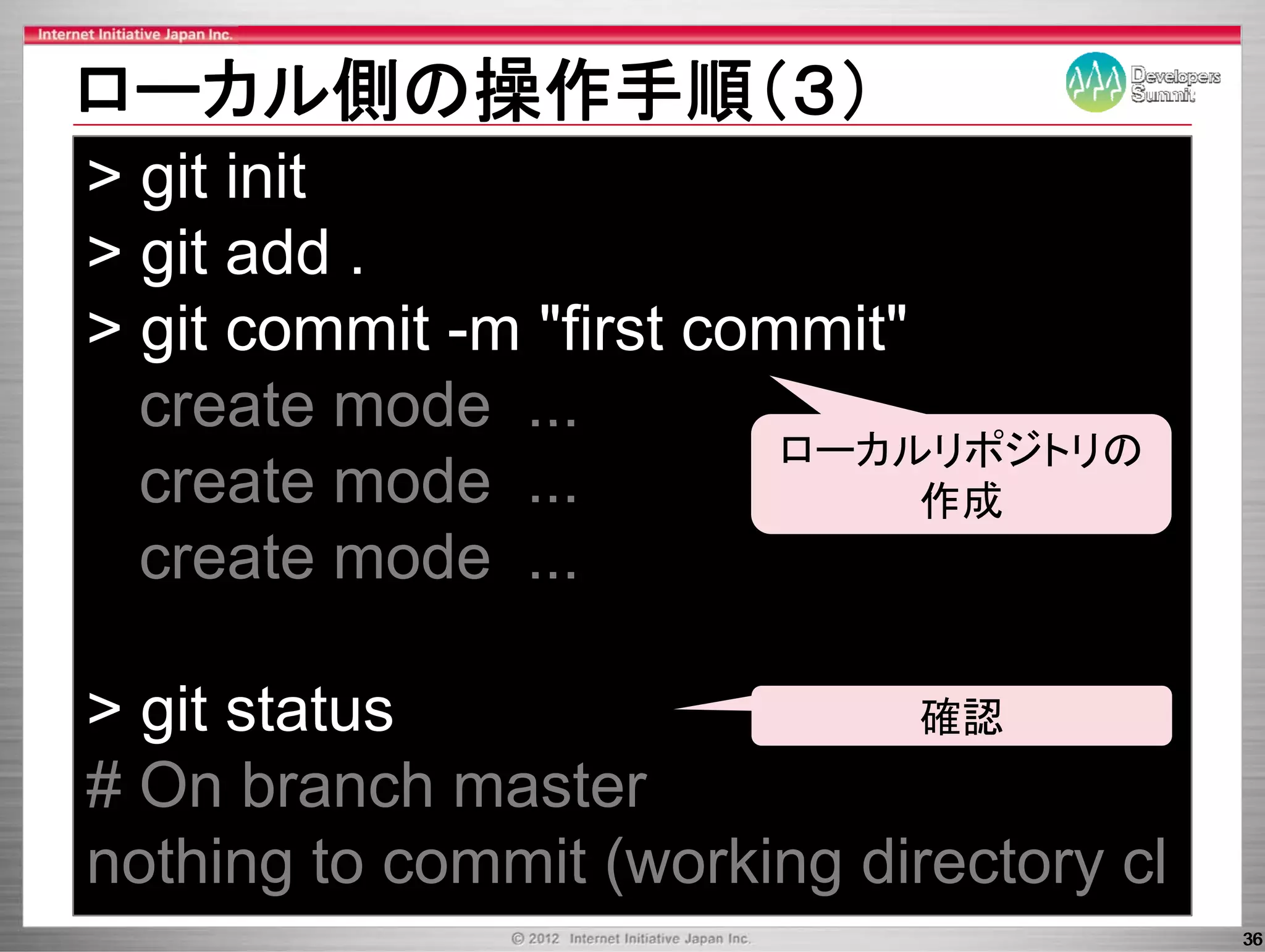 ロ カル側の操作手順（３）
ローカル側の操作手順（３）
> git init
> git add .
> git commit -m "first commit"
              m
  create mode ...
                          ローカルリポジトリの
  create mode ...              作成
  create mode ...

> git status
  g                         確認
# On branch master
nothing t commit (
  thi to      it (working di t
                     ki directory cl
                                   l
                                       36
 