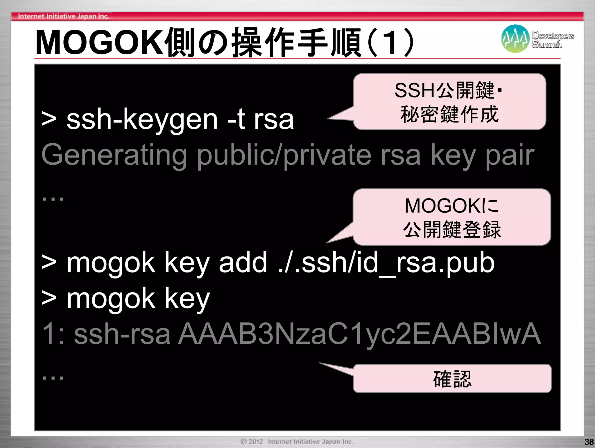 MOGOK側の操作手順（１）
                           SSH公開鍵・
> ssh-keygen -t rsa        秘密鍵作成

Generating p blic/pri ate rsa key pair
           public/private     ke
...                         MOGOKに
                           公開鍵登録
> mogok key add ./.ssh/id_rsa.pub
> mogok key
1: ssh-rsa AAAB3NzaC1yc2EAABIwA
                        y
...                          確認

                                         38
 