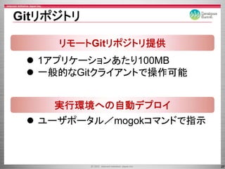 Gitリポジトリ

     リモートGitリポジトリ提供
  1アプリケーションあたり100MB
    プ ケ シ あたり
  一般的なGitクライアントで操作可能
   般的なGitクライアントで操作可能


    実行環境への自動デプロイ
  ユーザポータル／mogokコマンドで指示



                         27
 