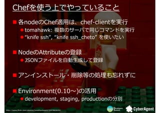 ڤʹϤǤäƤ뤳
      ڤʹϤǤäƤ뤳
           nodeChefm?ϡchef-clientg?
                  tomahawk: }Υ`Фͬޥɤg?
                  knife ssh, knife ssh_cheto ʹ


           NodeAttributeεh
                  JSONեԄ?ɤƵh


           󥤥󥹥ȩ`?Ȥ΄I줺

           Environment(0.10?)λ?
                  development, staging, productionηքe

http://www.flickr.com/photos/jonathanbeard/3307862620/
 