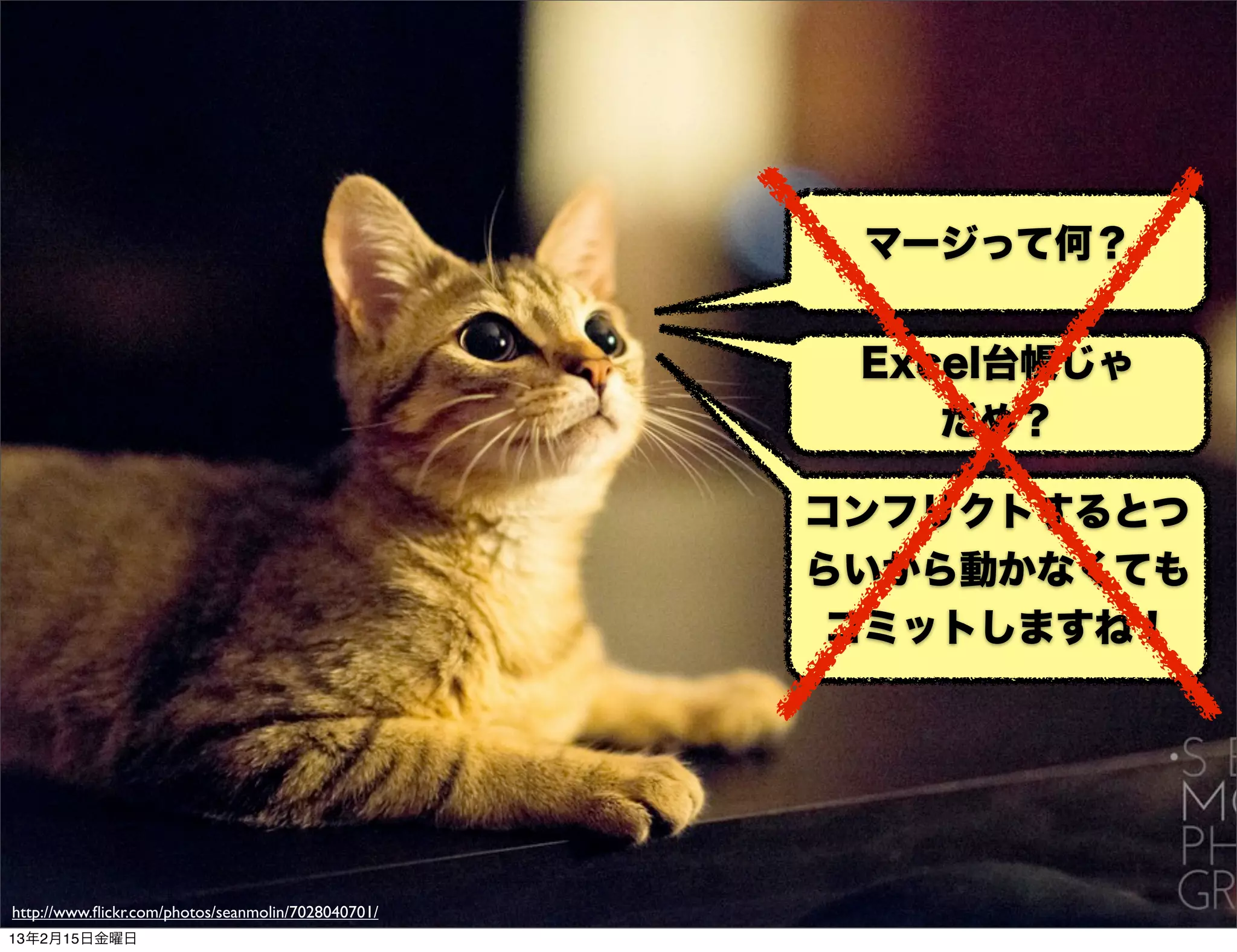 マージって何？


                                                     Excel台帳じゃ
                                                        だめ？

                                                    コンフリクトするとつ
                                                    らいから動かなくても
                                                     コミットしますね！




http://www.ﬂickr.com/photos/seanmolin/7028040701/
13年2月15日金曜日
 