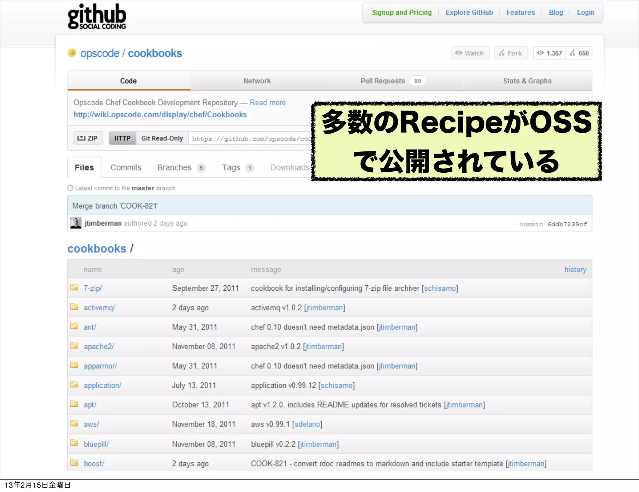 多数のRecipeがOSS
               で公開されている




13年2月15日金曜日
 